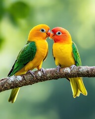 Obraz premium Two colorful lovebirds, yellow and orange, perched on a branch, gently touching beaks.