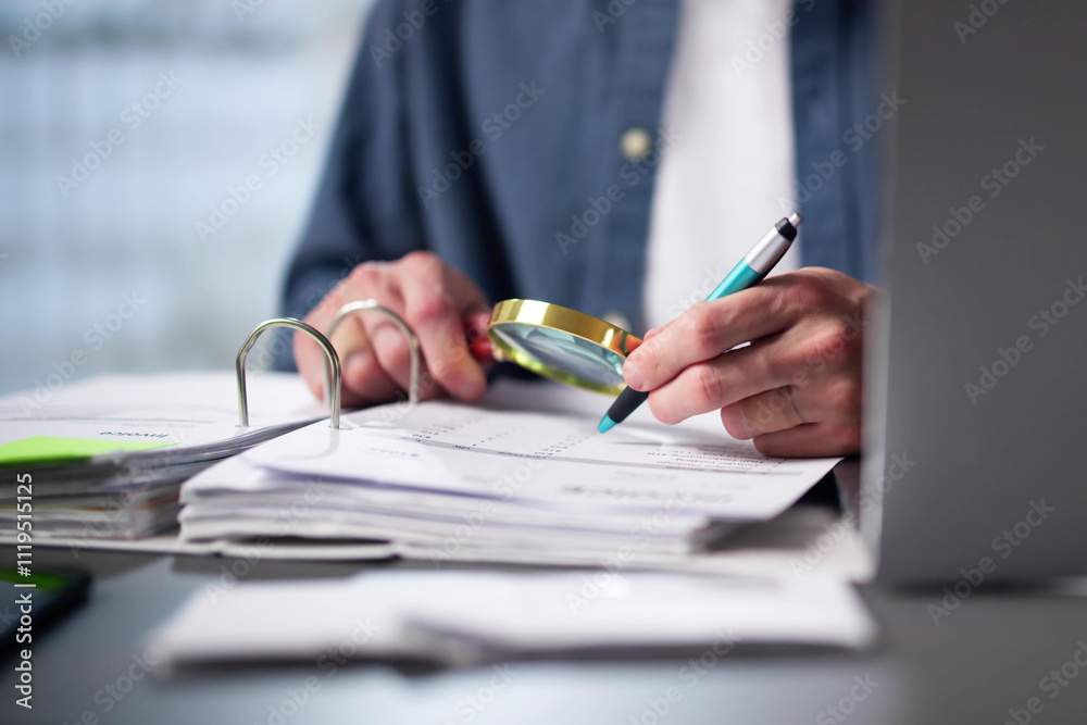 Poster auditor using magnifying glass for audit