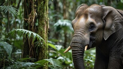 Naklejka premium Pygmy Elephant in Borneo's rainforest, surrounded by tall trees and dense vegetation, highlighting its natural habitat. generative ai