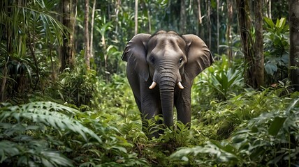 Fototapeta premium Pygmy Elephant in Borneo's rainforest, surrounded by tall trees and dense vegetation, highlighting its natural habitat. generative ai
