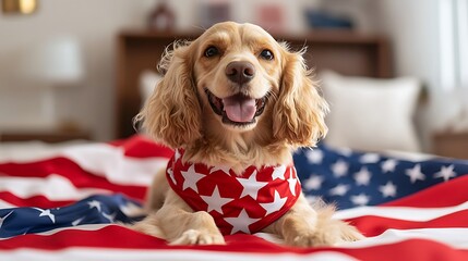 Adorable Dog with Fluffy Fur and Cheerful Expression Posing on Vibrant American Flag in Bright Living Room Setting