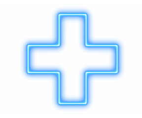 blue neon medical cross symbol on a transparent background