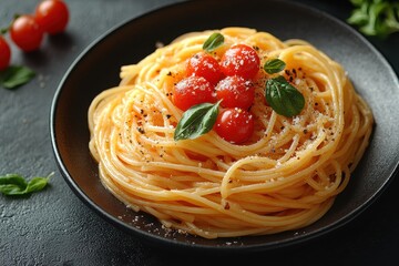 Fototapeta premium Top View of Spaghetti with Tomato Sauce on a Black Plate