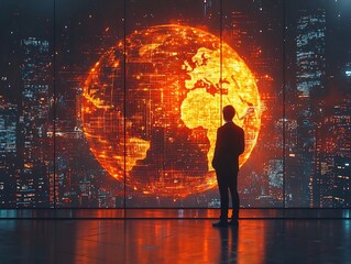 CEO Overseeing Digital Globe Visualizing Global Business Trends and Emerging Markets