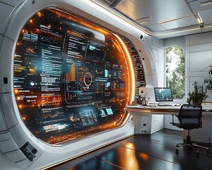 Obraz premium Futuristic Workspace with Collaborative Virtual Assistants and Holographic Displays for Cutting Edge Product Design and Business Innovation