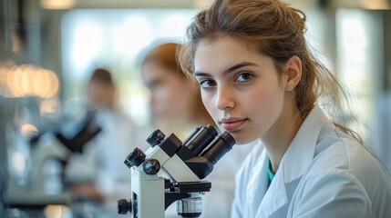Female scientist in a white lab coat, sitting by a microscope, with a confident expression in a bright, modern laboratory setting, symbolizing scientific research and innovation