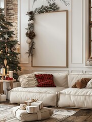 A blank mockup frame in a living room with Christmas decor.