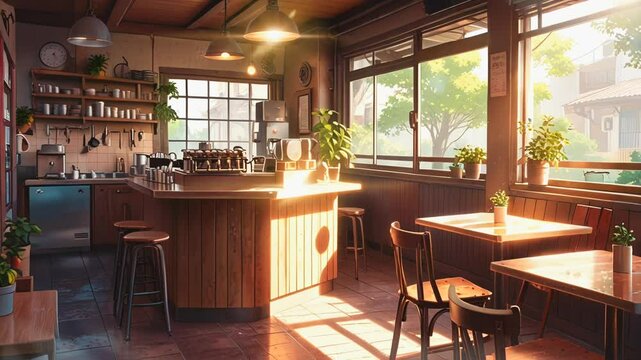 interior of a restaurant Cartoons and anime Animated cafe interior background in the morning, for Lofi background music. seamless looping 4k