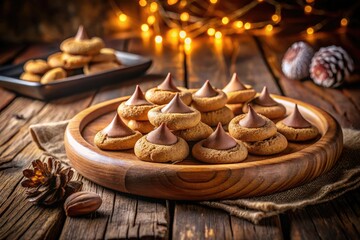 Fototapeta premium Homemade Peanut Butter Kiss Cookies on Carved Wooden Plate - Delicious Treats for Any Occasion, Perfect for Baking Enthusiasts, Sweet Desserts, and Festive Celebrations