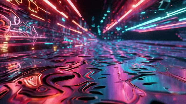 Camera moving forward above a reflective metallic surface, going through a tunnel with purple and blue neon lights. Perfect loop for futuristic, abstract and technological projects