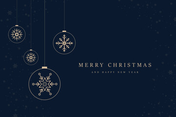 Premium snow flakes elements on dark blue background. three luxury Christmas ball hanging down with small snow flakes