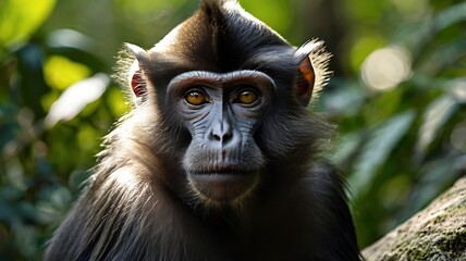 Obraz premium close up of Sulawesi crested macaque in the forest, generative ai
