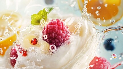Fresh raspberries, grapes, lemon and mint leaves splashing in water