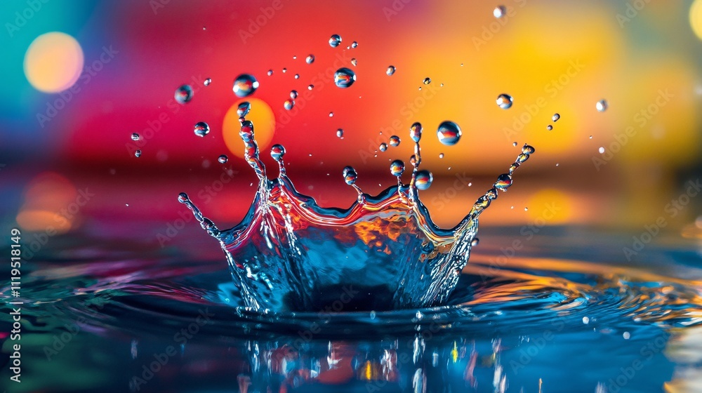 Poster colorful water splashing, creating crown shape with droplets