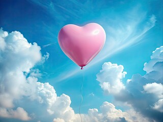 Fototapeta premium Minimalist Pink Heart Balloon, Sky, Clouds, Love, Joy, Serene, Floating Balloon Photography