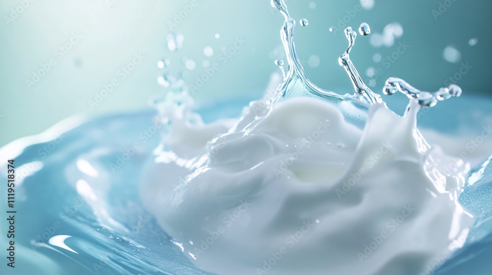 Poster Milk splashing and creating waves on light blue background