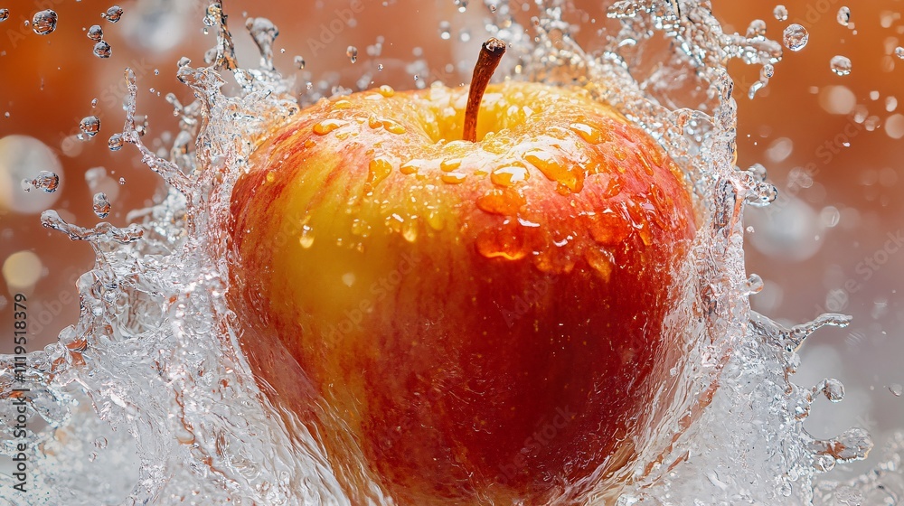 Poster fresh red apple splashing in water with drops