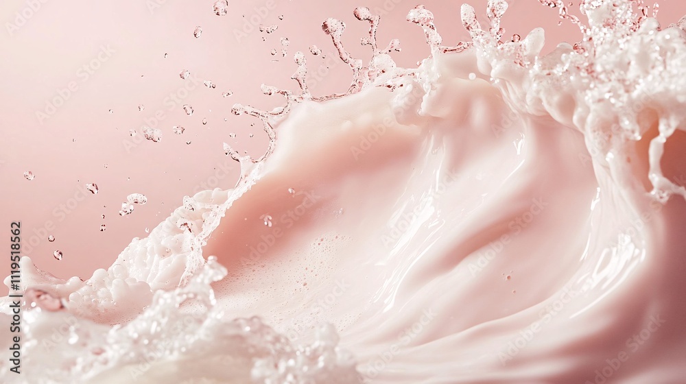 Poster pink liquid splashing and forming a wave with bubbles