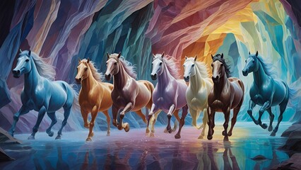 Seven luminescent horses galloping through an underground crystal cavern, Acrylic wall painting illustration image.