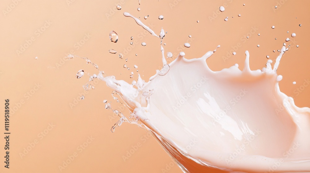Poster Milk splashing and creating drops on a light brown background