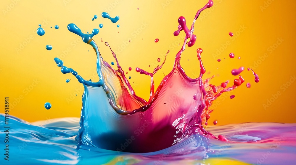Poster colorful paint splashing and making a crown shape on yellow background