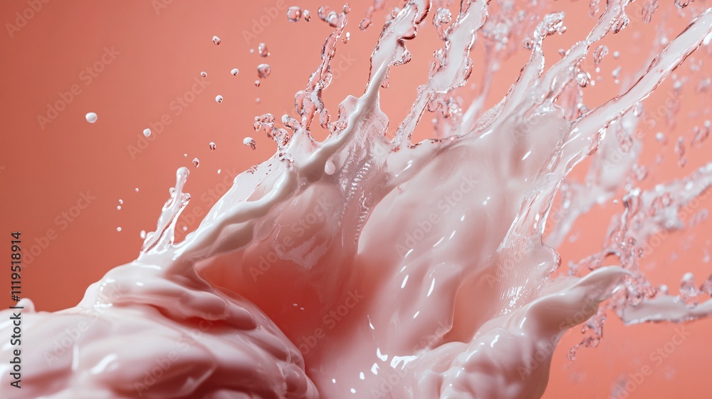 Poster Pink liquid splashing and creating a dynamic shape on a coral background