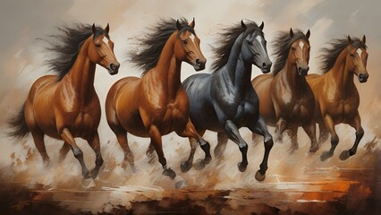 Obraz premium Seven richly textured horses galloping across a dramatic, impressionistic landscape, Acrylic wall painting illustration image.