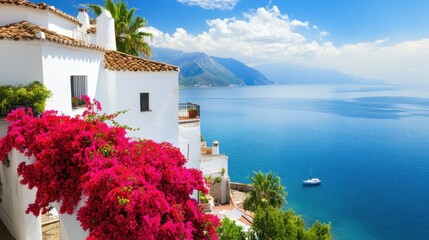 Vibrant pink bougainvillea blooms adorn a whitewashed house overlooking a stunning coastal vista with crystal-clear turquoise water, mountains, and a lone sailboat.