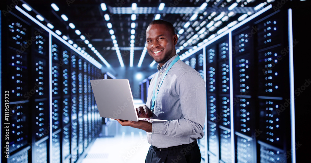 Aufkleber happy engineer in data center server room configuring ai