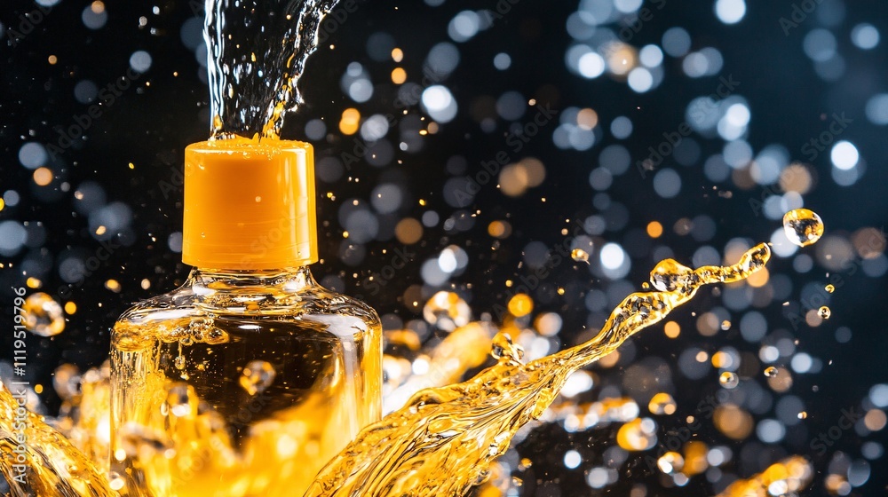 Poster Water splashing on a transparent bottle with orange cap on black background with bokeh