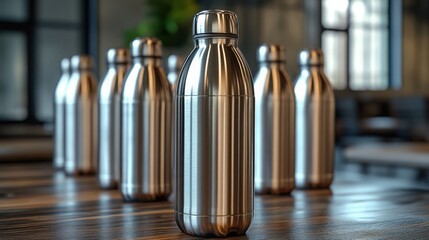 Stainless Steel Water Bottles on Wood Table.