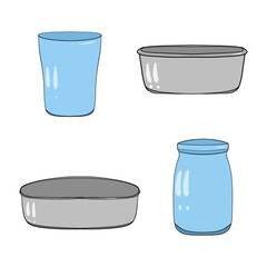 Glass containers. Doodle style illustrations. Empty containers and jars. Hand drawing