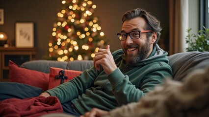 Fototapeta premium Man Smiling Warmly While Sitting on a Couch Beside a Decorated Christmas Tree During a Festive Evening