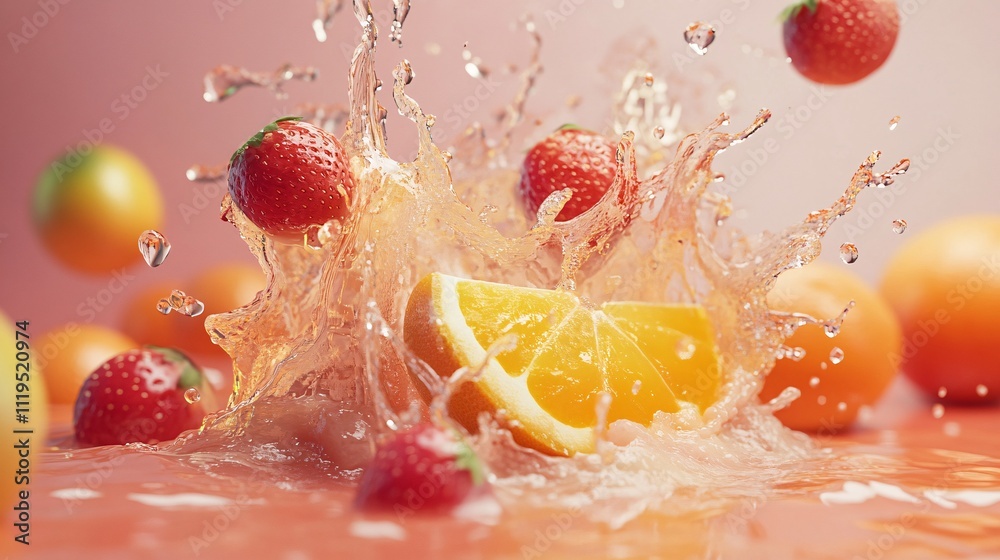 Poster strawberries and orange slices splashing in water with pink background
