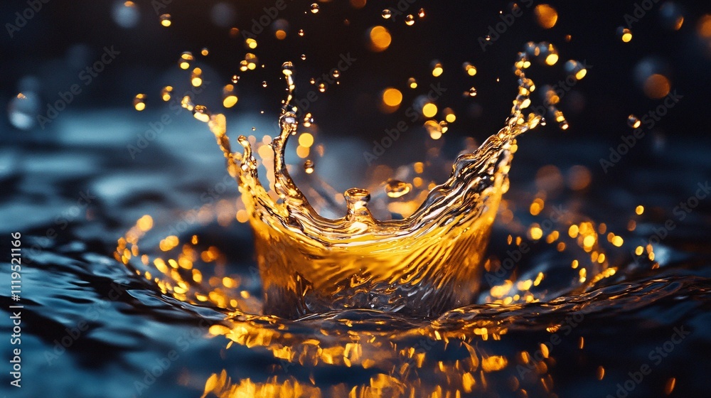 Poster Golden water splashing, creating a crown shape with bokeh effect