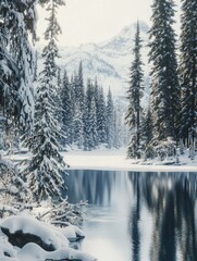 Serene Winter Scene with Snow-Capped Evergreens and Clear Lake