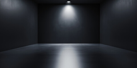 Dark empty room with spotlight highlighting a polished concrete floor
