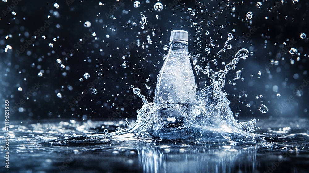 Poster water bottle splashing on dark background with water droplets