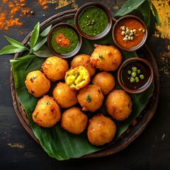 crispy Aloo Bondas arranged on a traditional Indian
