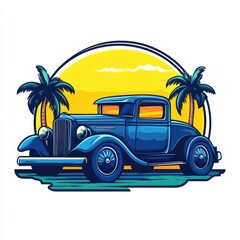 Vintage blue classic car at sunset beach with palm trees.