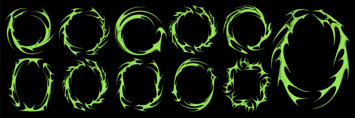 Set of Neo tribal gothic frame with halftone texture. Trendy acid green y2k elements for web design, poster, decorating. Vector graphic asset.