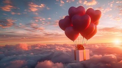 Fototapeta premium Heart-shaped balloons lift a gift box into the colorful sky at sunset over fluffy clouds