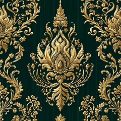 Luxurious Thai Flame Design with Floral Accents on Deep Emerald Green Background