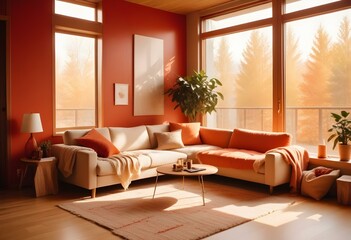 Fototapeta premium Modern Japani Style Apartment: Beige Couch and Minimalist Design