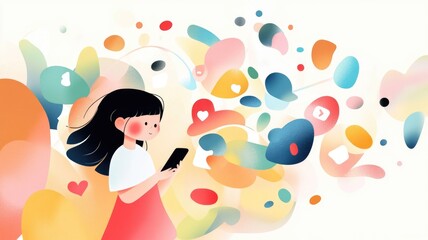 Digital interaction concept with girl using smartphone amidst vibrant abstract shapes