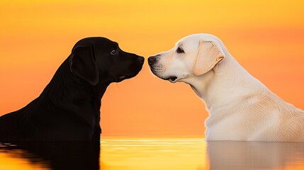 Dog playful friendship embracing concept. Two dogs, one black and one yellow, touch noses against a vibrant sunset backdrop reflecting in water.