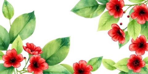 Beautiful watercolor floral frame illustration of red flowers and green leaves on white background with space for text in the middle, green leaves, watercolor, floral