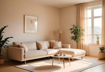 Modern Japani Style Apartment: Beige Couch and Minimalist Design