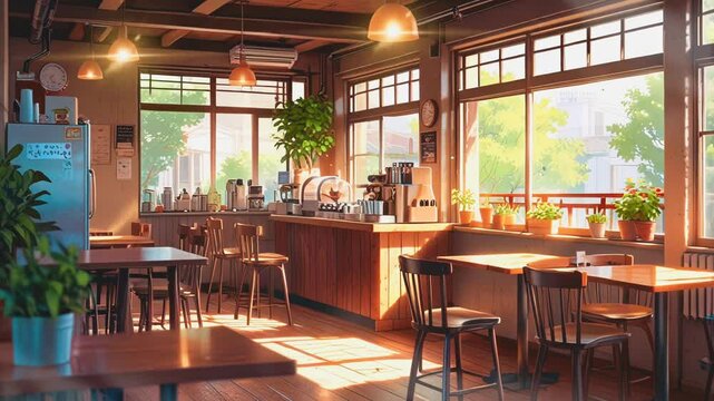 interior of a restaurant Cartoons and anime Animated cafe interior background in the morning, for Lofi background music. seamless looping 4k