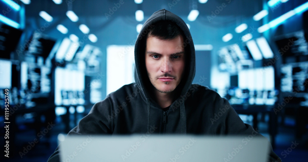 Poster cyber security risk. thief man hacking